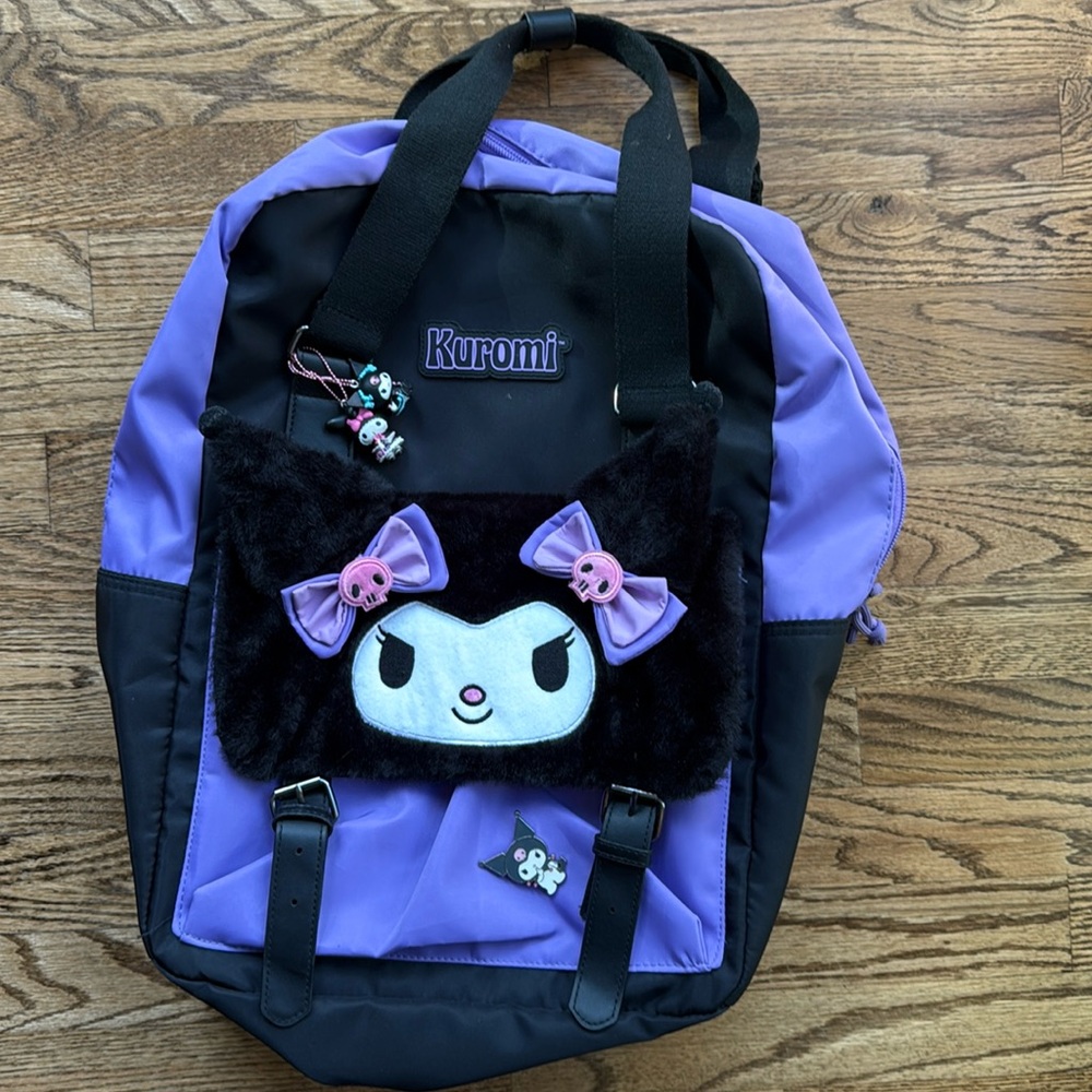 Purple and Black Kuromi Fuzzy Face Backpack Hot Topic